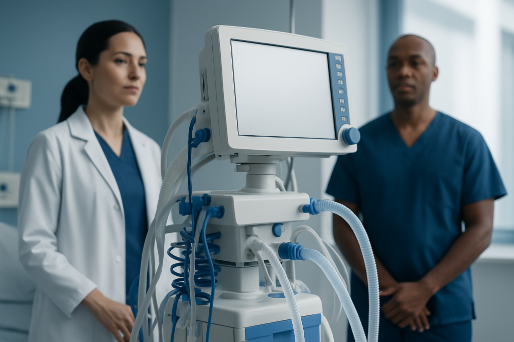 Medical professionals with ventilator in hospital setting.