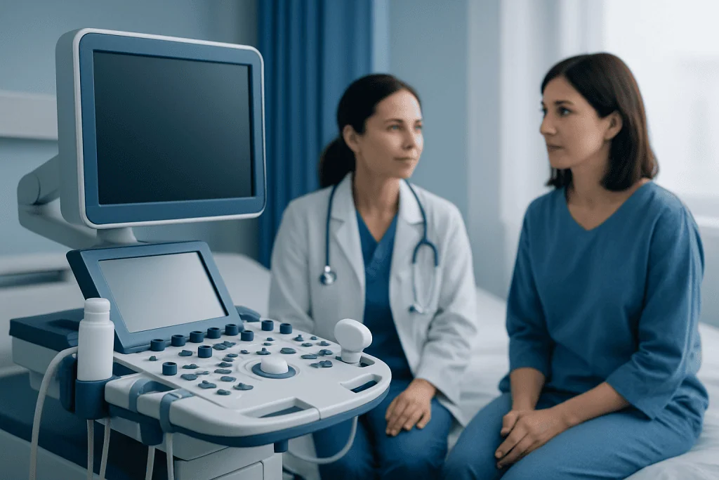 Medical consultation with ultrasound equipment at a hospital.