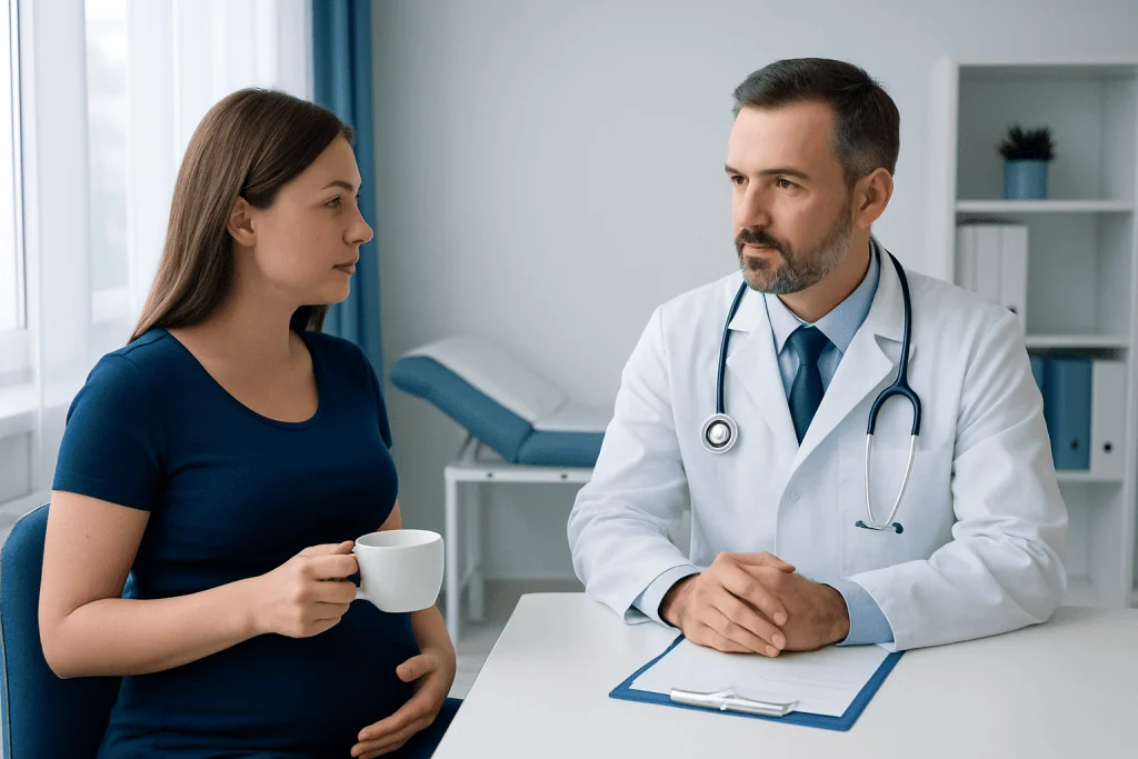 Pregnant woman consulting with doctor in a medical office.