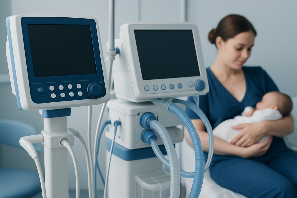Newborn care in hospital with medical monitors and nurse holding baby.