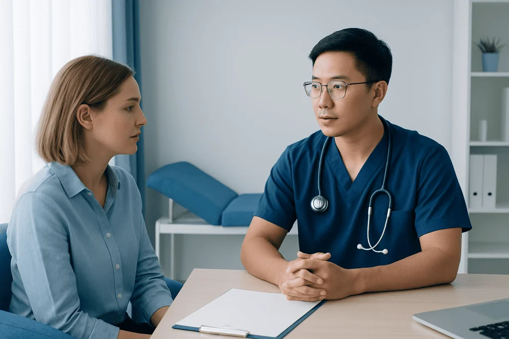 Doctor consulting with a female patient in a medical office setting.