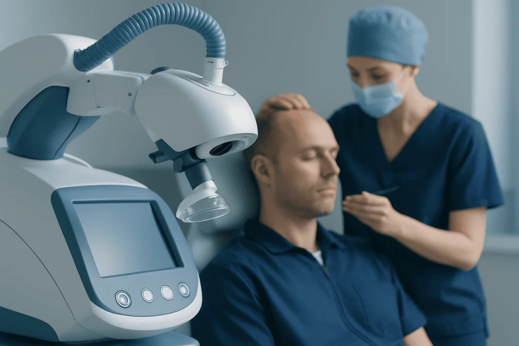 Hair transplant procedure with advanced medical equipment at Acibadem Hospital.