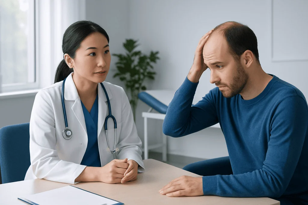 Doctor consulting with a male patient about hair loss or scalp health.