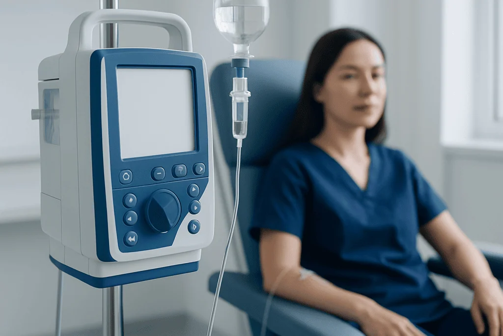 Medical IV drip and monitor in a hospital room with a patient.