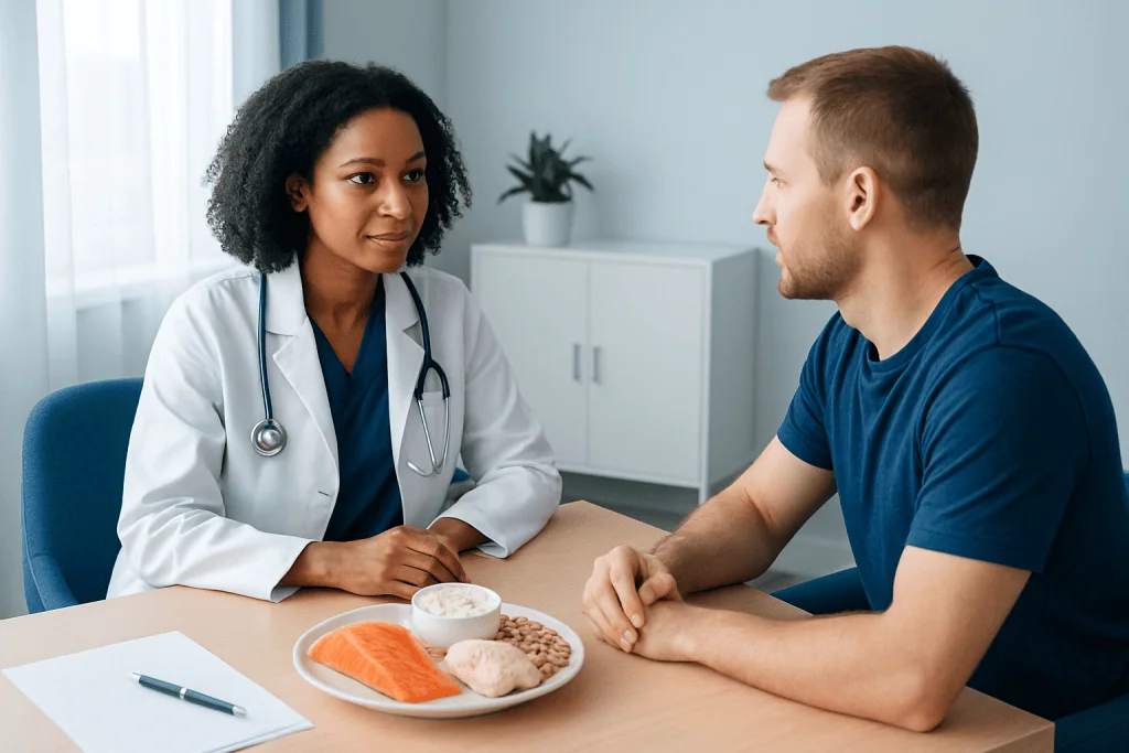 Doctor consulting patient about high-protein foods for muscle building.