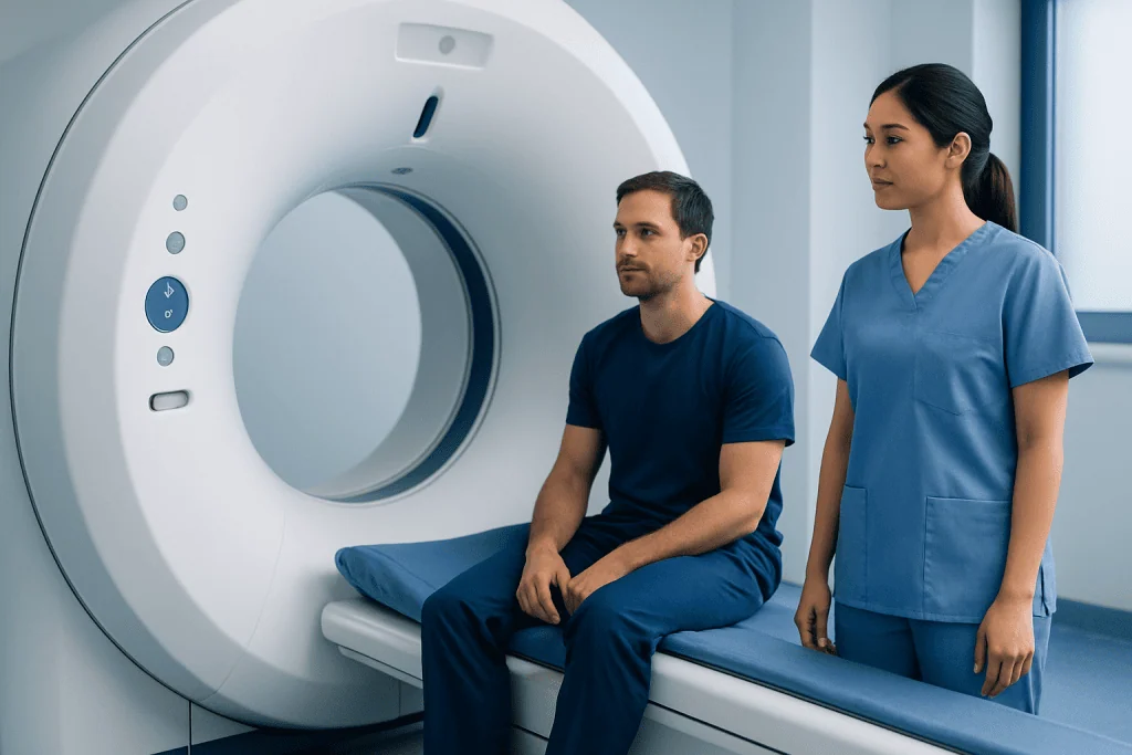 Patient undergoing MRI scan in a medical facility with healthcare professional present.