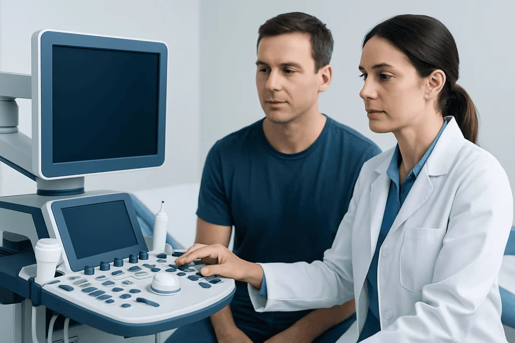 Medical professional performing an ultrasound examination on a patient.