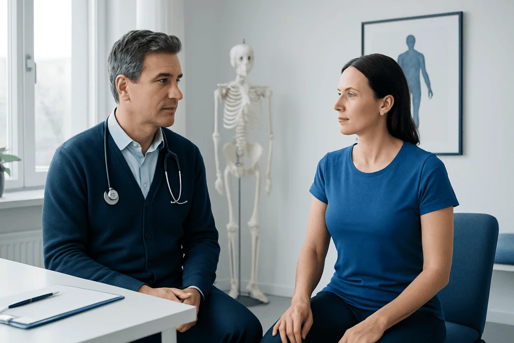 Doctor consulting with a patient in a medical office with skeleton model and anatomy chart.