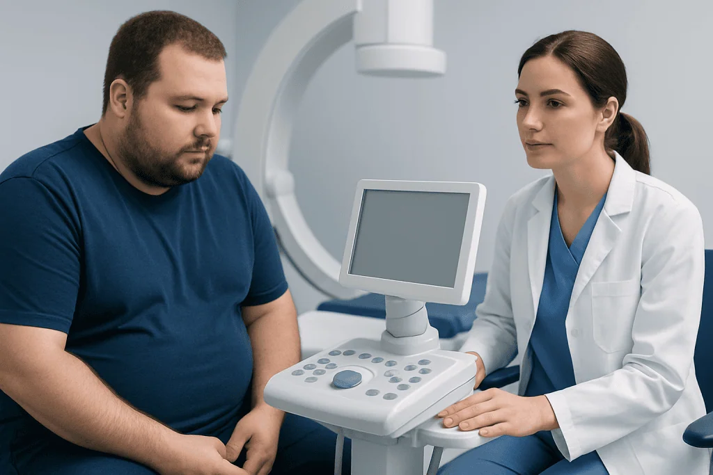 Doctor performing ultrasound exam on a patient in a hospital setting.