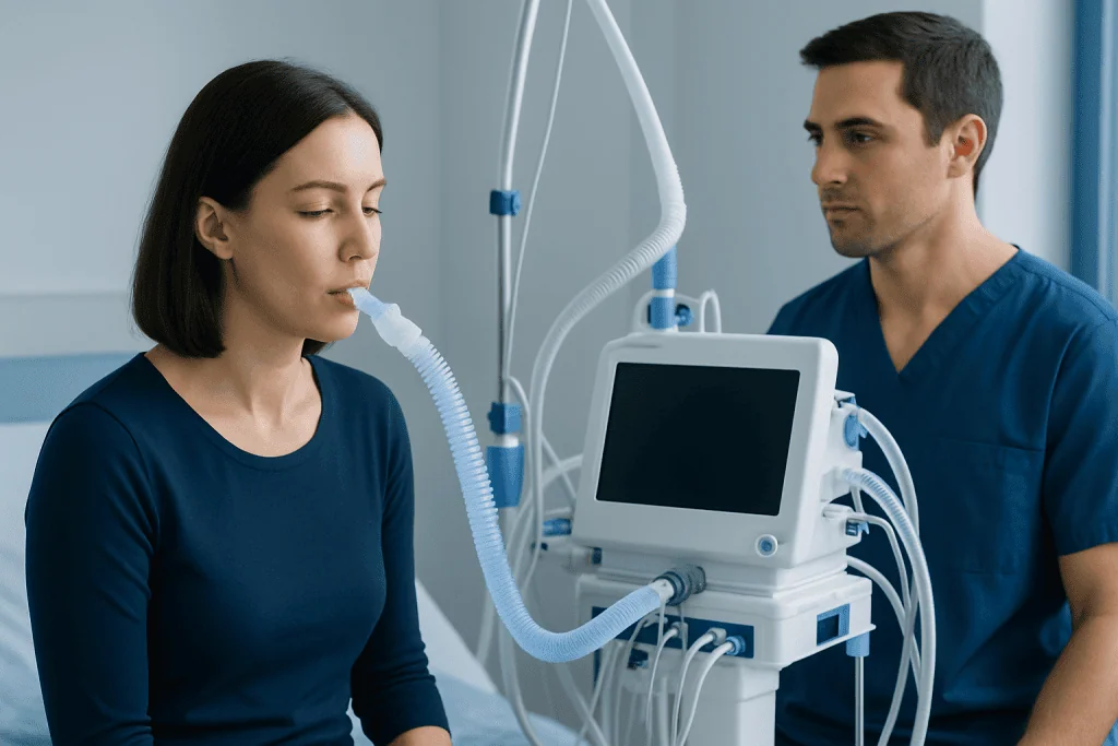 Patient using a ventilator in a hospital setting with medical staff nearby.