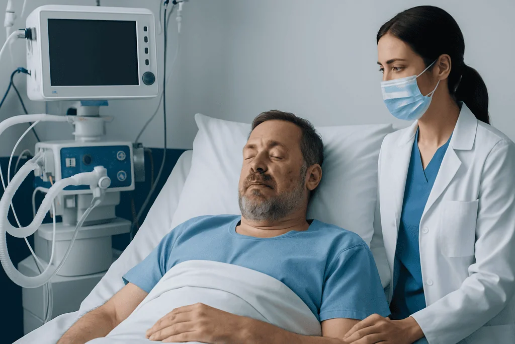 Patient resting in hospital bed with nurse monitoring vital signs.