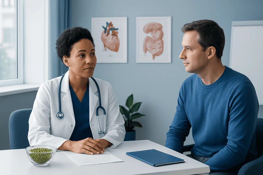 Doctor consulting with patient in a medical office with anatomical posters on the wall.