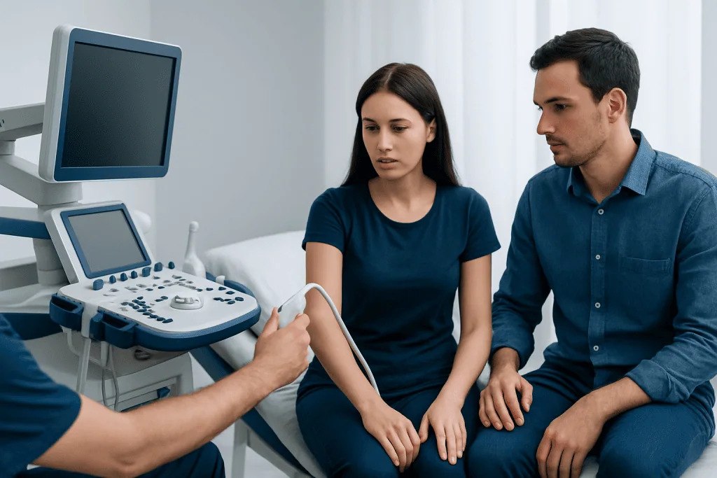 Doctor performing an ultrasound exam on a patient's arm in a medical clinic.