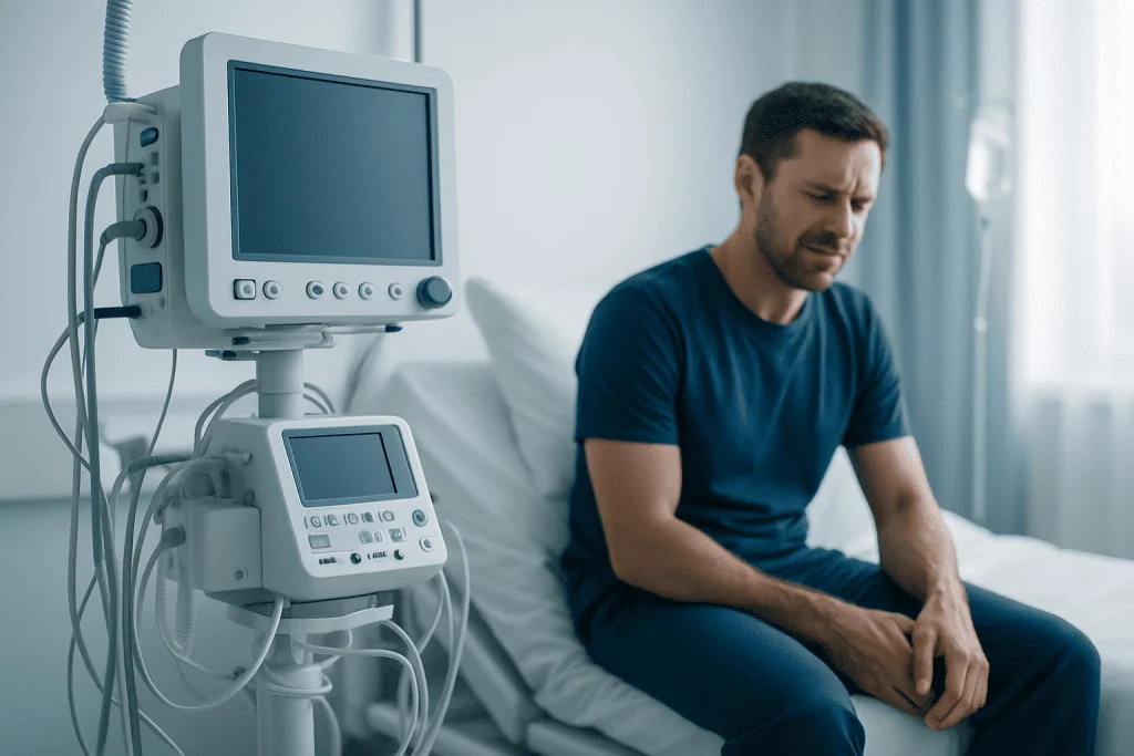 Man experiencing back pain in hospital room with medical monitors.