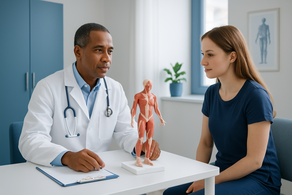Doctor explaining muscle anatomy to a patient in a medical consultation room.