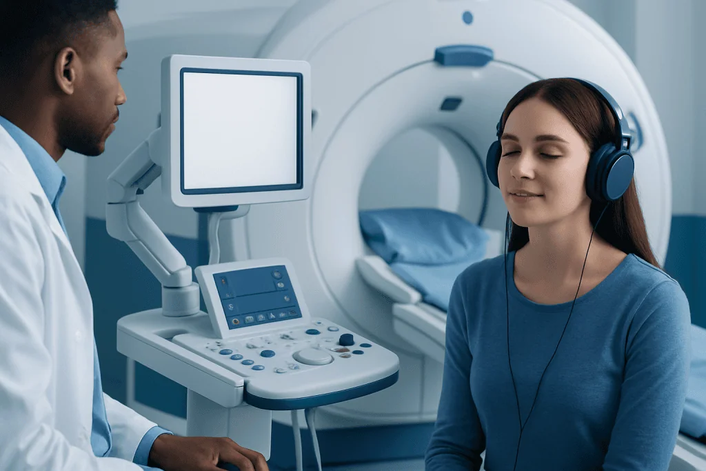 Patient undergoing MRI scan with headphones in a medical facility.