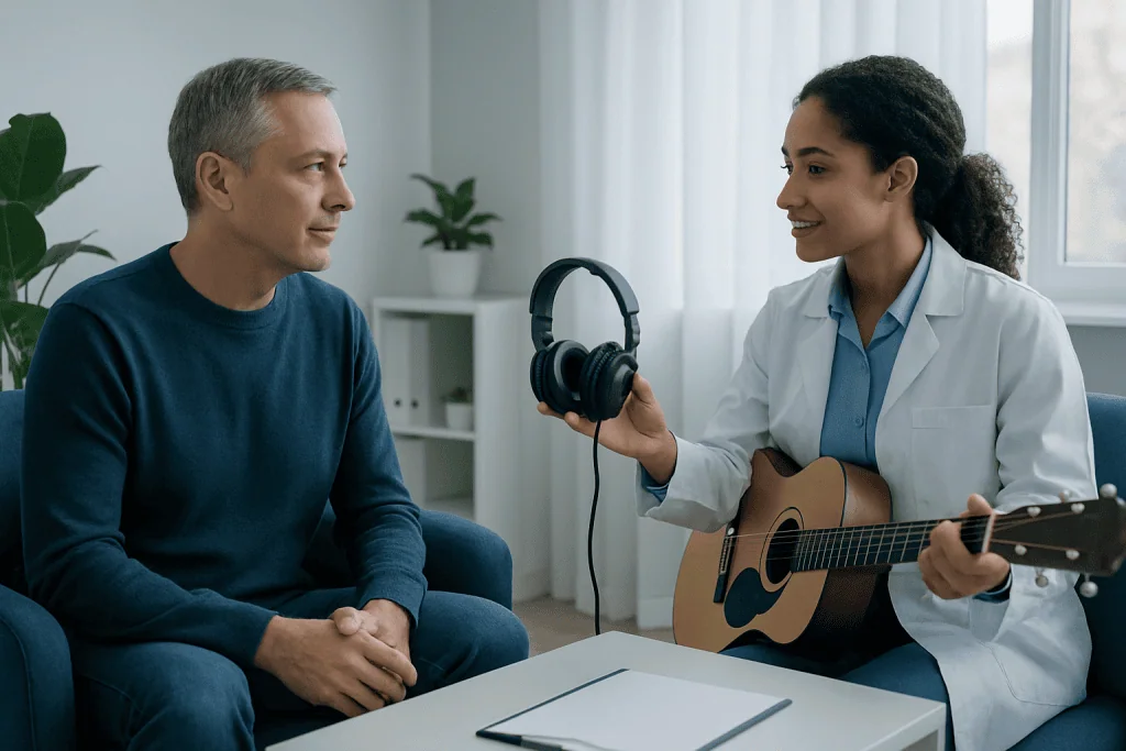 Music therapy session at Acibadem Hospitals Group with a patient and therapist.