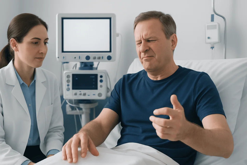 Patient experiencing muscle twitching in hospital bed with doctor nearby.