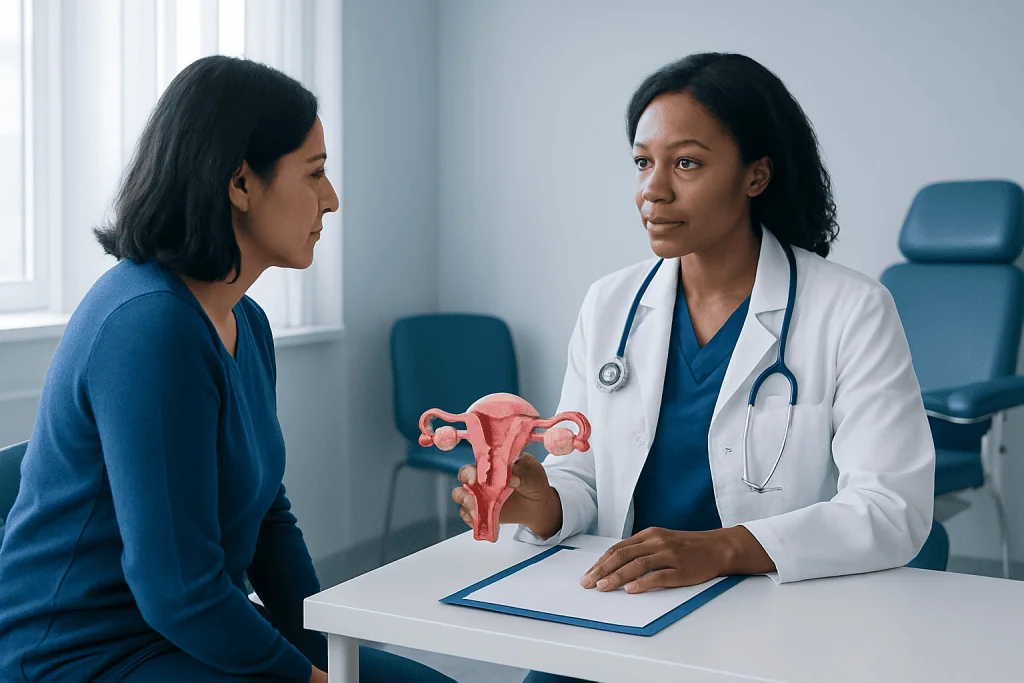 Gynecologist explaining uterine health to a patient in a medical consultation.