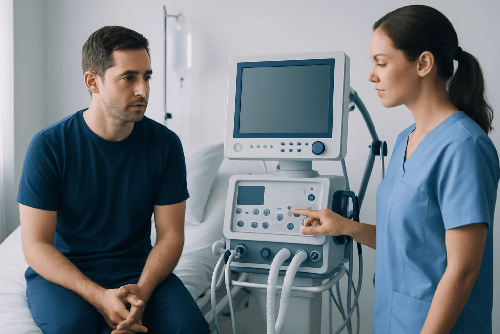 Patient consulting with healthcare professional in hospital room.