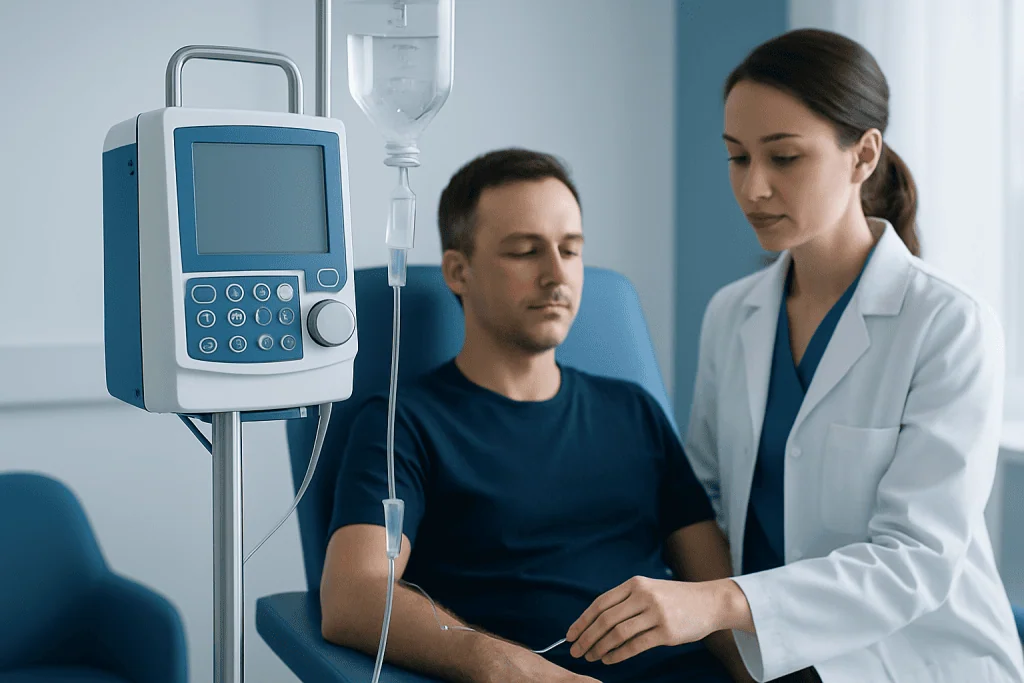 Doctor administering IV therapy to a patient in a hospital setting.
