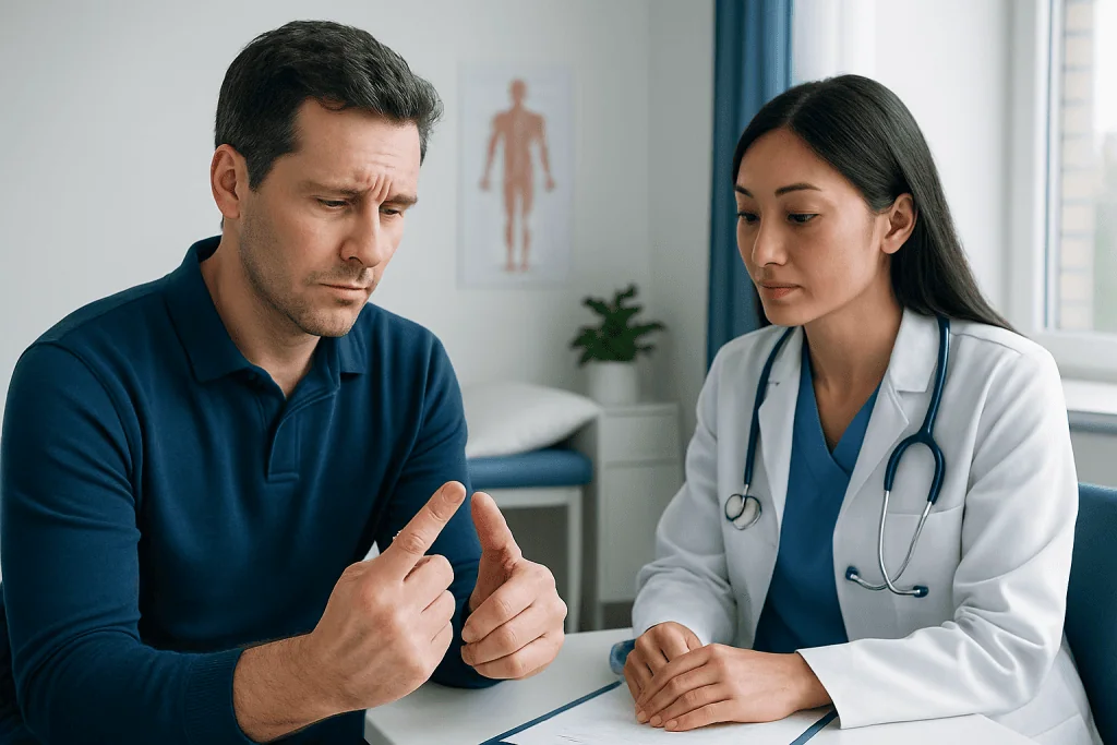 Doctor explaining nail injury to patient in consultation room.