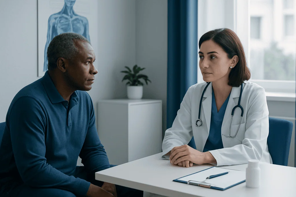 Doctor consulting with a patient in a medical office setting.