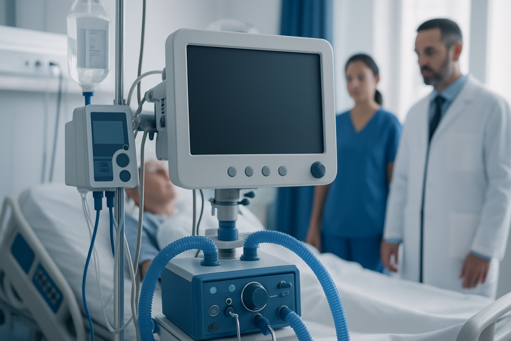Hospital ICU monitor and medical equipment in a clinical setting.