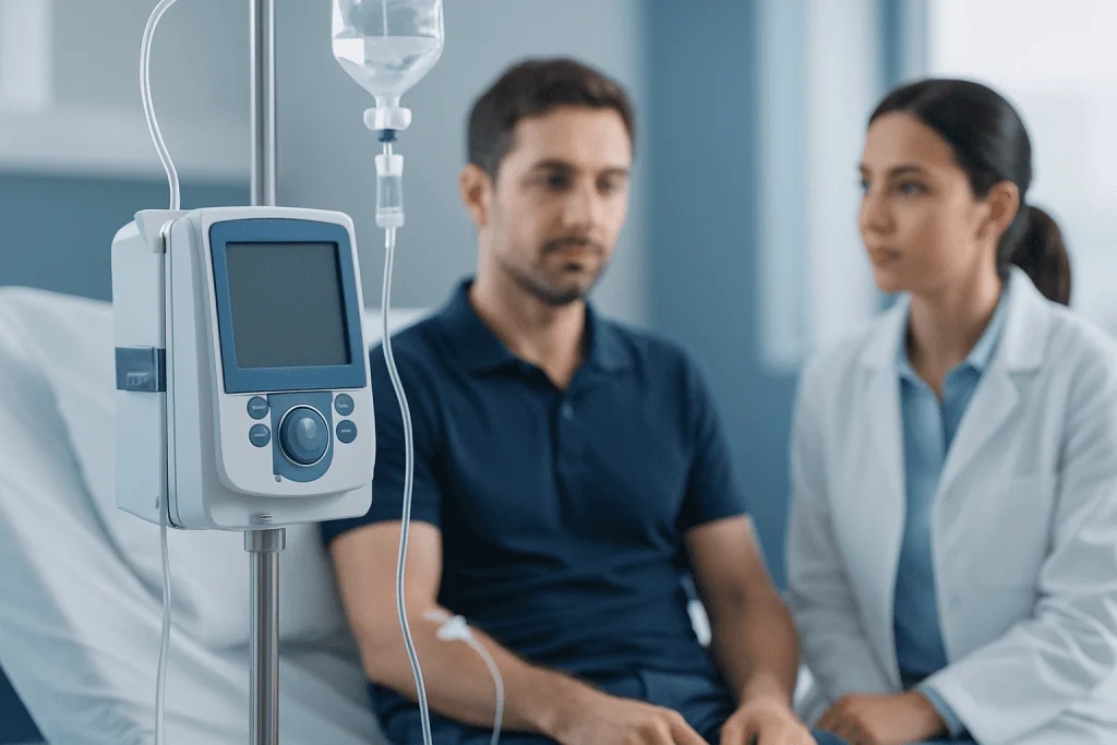 Patient in hospital bed with medical monitor and healthcare professional nearby.