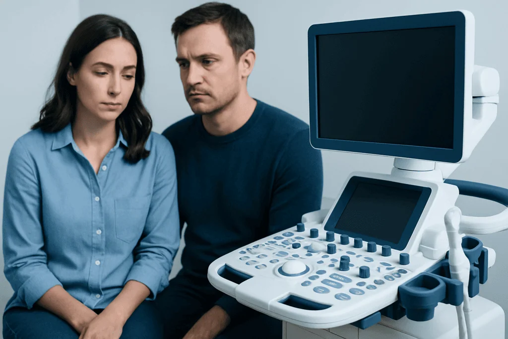 Couple during medical consultation with ultrasound machine in clinic.