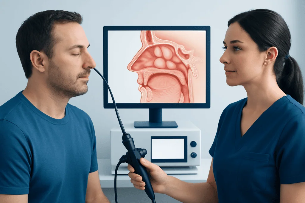 ENT specialist examines patient with nasal endoscope for nasal polyps.