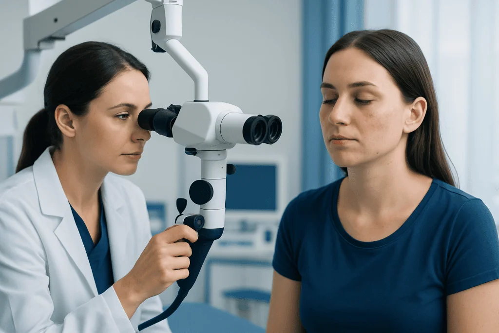 Doctor examining patient's nasal area with a microscope in a clinical setting.