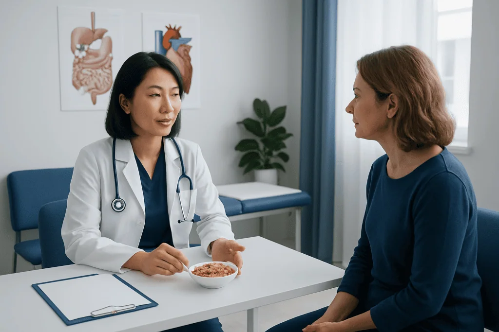 Doctor consulting with a patient in a medical office with anatomical posters on the wall.