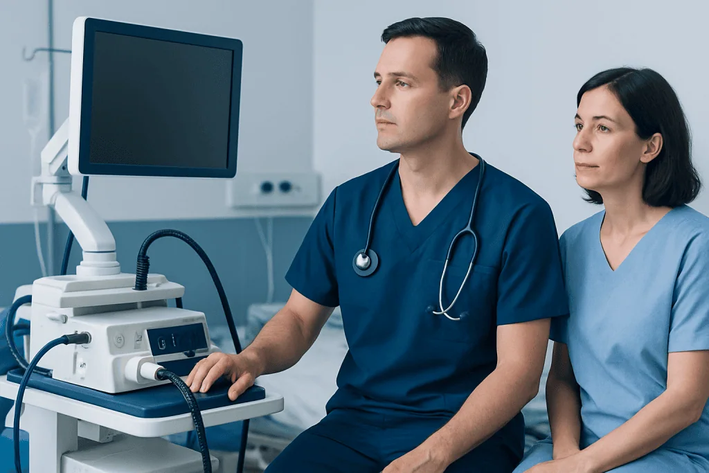 Medical professionals using ultrasound equipment in a hospital setting.