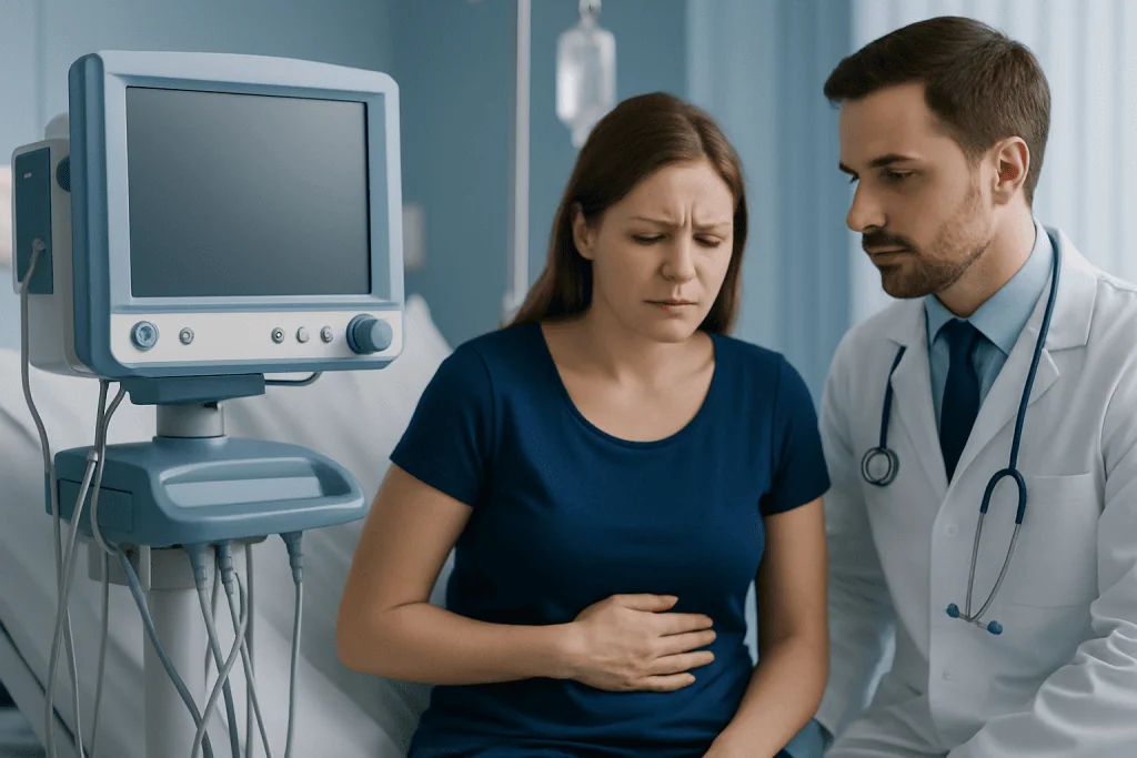 Woman experiencing stomach pain during medical consultation at Acibadem Hospital.