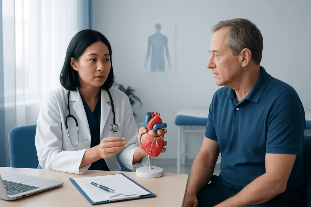 Doctor explaining heart model to patient in medical consultation room.