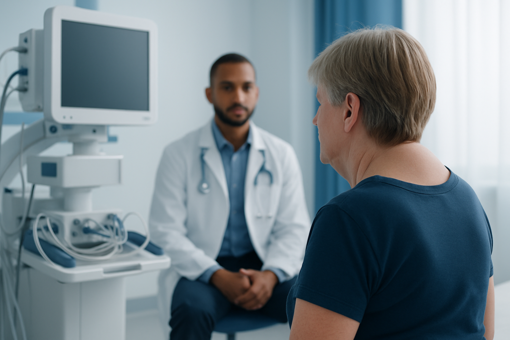 Doctor consulting with a patient about neck hump at Acibadem Hospital.