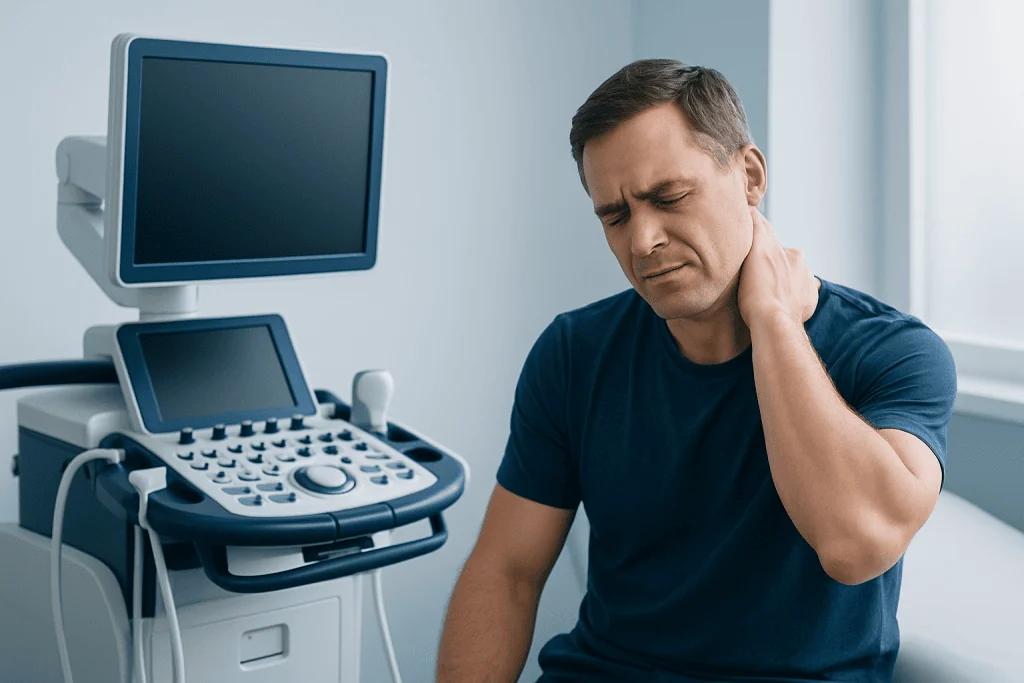 Man experiencing neck pain during medical examination at hospital.