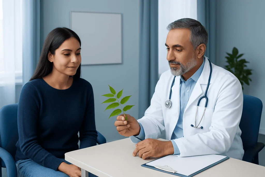 Doctor explaining neem plant benefits to a patient in a clinic setting.