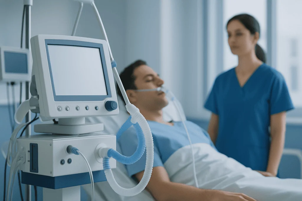 Patient on ventilator with medical staff in hospital ICU.