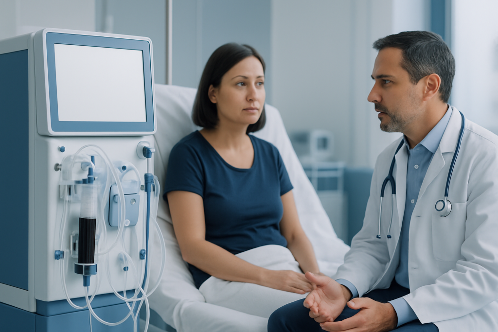Doctor consulting with a patient in a hospital room.