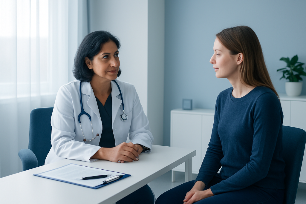 Doctor consulting with a patient in a modern medical office.