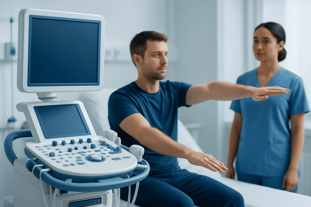 Medical professional performs nerve glide test with ultrasound equipment in clinic.