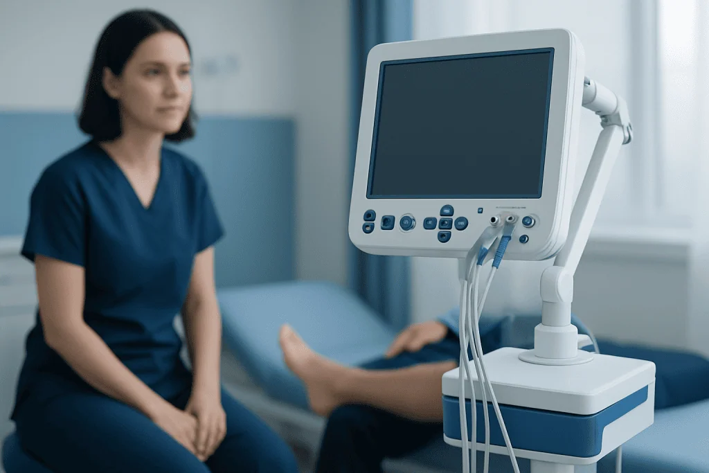 Medical professional and patient during a nerve pain examination at Acibadem Hospital.
