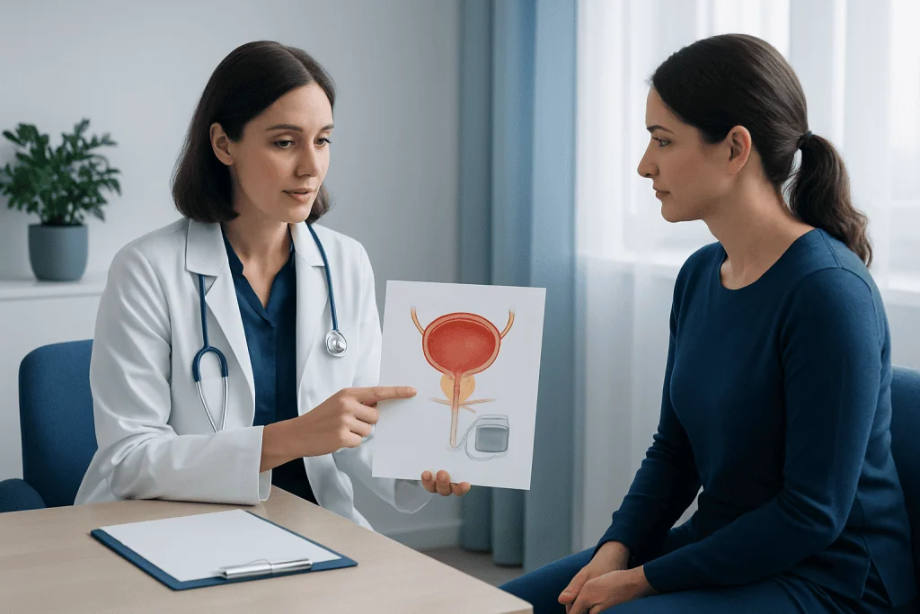 Doctor explaining bladder diagram to patient in consultation room.