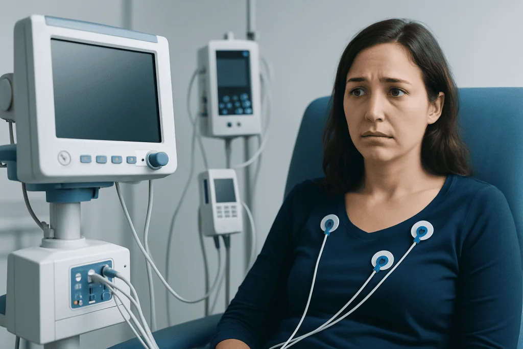 Woman in hospital with medical monitors and equipment.