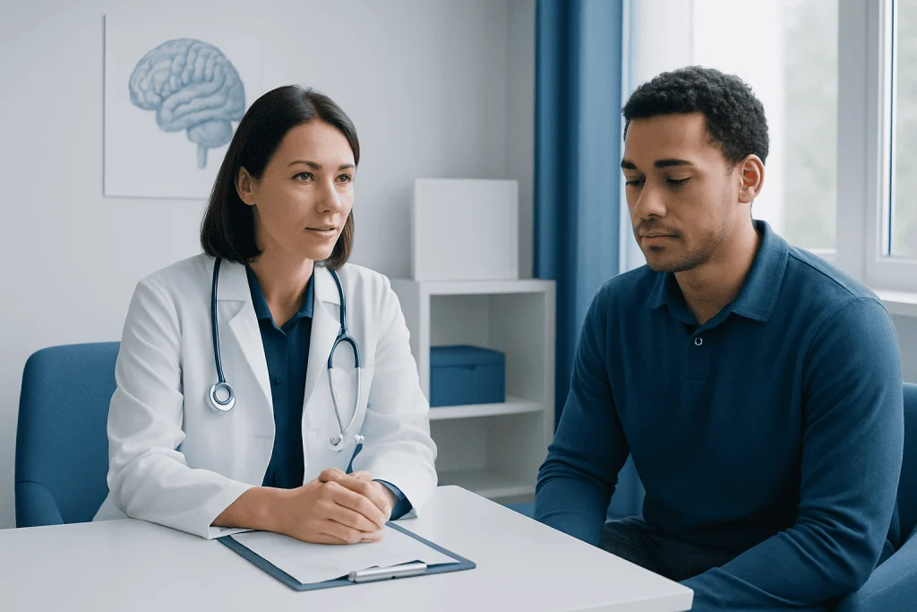 Doctor consulting with patient in a medical office setting.