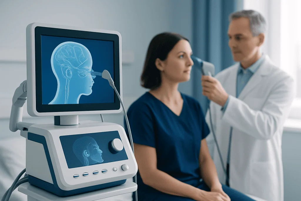 Doctor performing a neurological examination on a patient with brain scan visuals.