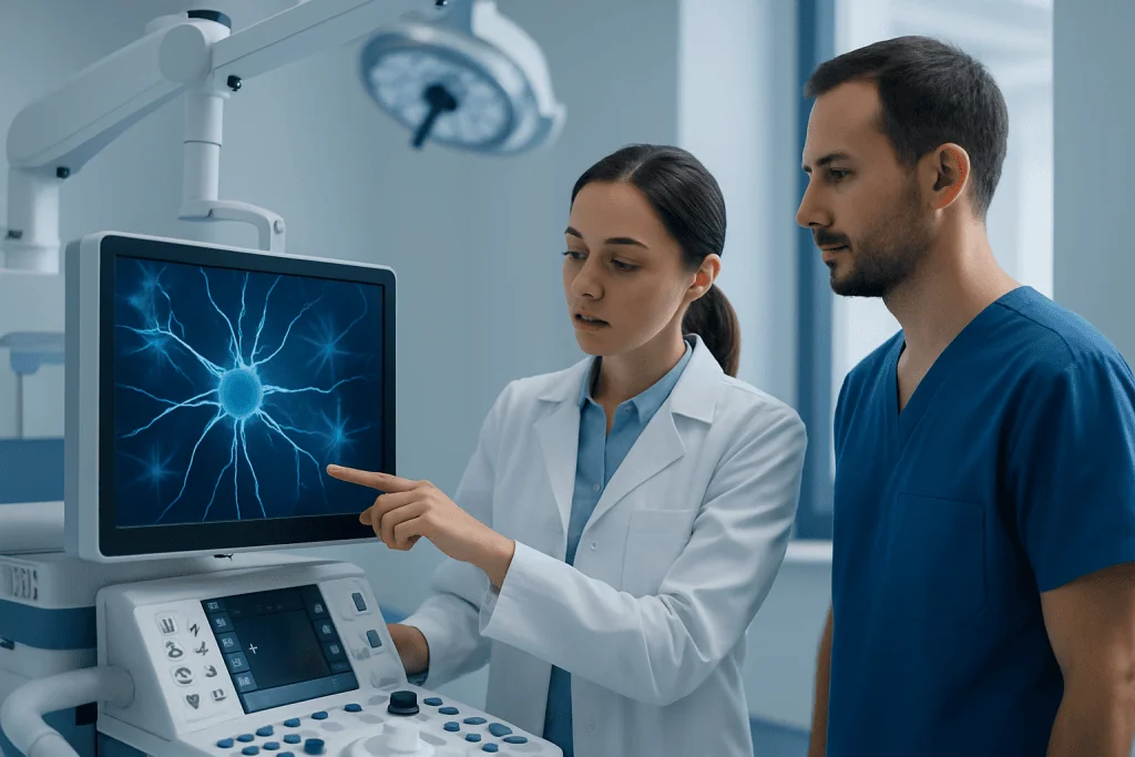 Medical professionals analyzing brain neuron scan in hospital setting.