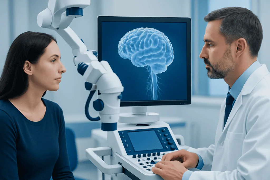 Doctor explains brain scan to patient in a medical setting.